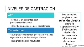 NIVELES DE CASTRACIÓN
Testosterona
•<50ng/dL: considerado por las autoridades
reguladoras y en los ensayos clínicos
•<20ng/dL: mejores resultados
Los estudios
sugieren una
relación directa
entre la
supervivencia y
SVLP con los
niveles de
testosterona
alcanzados
durante el
bloqueoEAU. Guideline
APE
•<.2ng/dL: en pacientes post
prostatectomía radical
•<2ng/dL: en pacientes post radioterapia
 