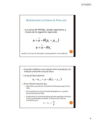 21/10/2012
6
DERIVACIÓN LA CURVA DE PHILLIPS
 La curva de Phillips puede expresarse a
través de la siguiente expresión.
 1 tt ppuu 
tuu 
donde ū es la tasa de desempleo correspondiente a cero inflación
 Se puede establecer una relación entre el producto y la
inflación utilizando la ley de Okun.
 La ley de Okun plantea:
 Esta relación muestra que:
 debe haber una tasa de crecimiento mínima para que el U no
suba.
 Si la economía no crece la tasa de desempleo va ↑ µ puntos
porcentuales por periodo.
 Si definimos el crecimiento potencial como aquel que mantiene
la tasa de desempleo constante. Entonces este ritmo de
crecimiento será:
 11   tttt yyuu 


 1tt yy
 