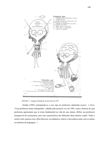 100
FIGURA 3 – Imagem retirada da revista Veja de 1970
Ziraldo (1995) contrapondo-se a esse tipo de professora idealizada escreve o livro:
“Uma professora muito maluquinha”, editado pela primeira vez em 1995, conta a historia de uma
professora apaixonante que se torna fundamental na vida de seus alunos. Define sua professora
inesquecível de maluquinha, pois suas características são diferentes desta anterior citada: “tinha o
sorriso solto, parecia com a Rita Haywort, era dinâmica, criativa e desvendava junto com os alunos
os mistérios da linguagem...”.
 