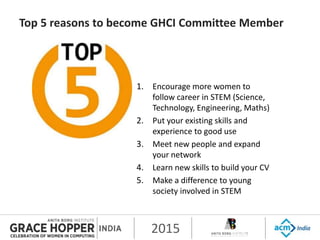 2015
Top 5 reasons to become GHCI Committee Member
1. Encourage more women to
follow career in STEM (Science,
Technology, Engineering, Maths)
2. Put your existing skills and
experience to good use
3. Meet new people and expand
your network
4. Learn new skills to build your CV
5. Make a difference to young
society involved in STEM
 