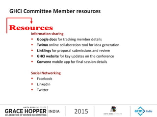 2015
GHCI Committee Member resources
Information sharing
 Google docs for tracking member details
 Twimo online collaboration tool for idea generation
 Linklings for proposal submissions and review
 GHCI website for key updates on the conference
 Convene mobile app for final session details
Social Networking
 Facebook
 LinkedIn
 Twitter
 