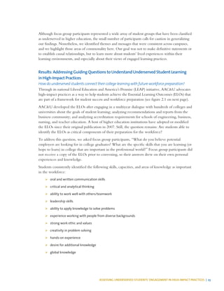ASSESSING UNDERSERVED STUDENTS’ ENGAGEMENT IN HIGH-IMPACT PRACTICES | 23
Although focus group participants represented a wide array of student groups that have been classified
as underserved in higher education, the small number of participants calls for caution in generalizing
our findings. Nonetheless, we identified themes and messages that were consistent across campuses,
and we highlight those areas of commonality here. Our goal was not to make definitive statements or
to establish causal relationships, but to learn more about students’ lived experiences within their
learning environments, and especially about their views of engaged learning practices.
Results: Addressing Guiding Questions to Understand Underserved Student Learning
in High-Impact Practices
How do underserved students connect their college learning with future workforce preparation?
Through its national Liberal Education and America’s Promise (LEAP) initiative, AAC&U advocates
high-impact practices as a way to help students achieve the Essential Learning Outcomes (ELOs) that
are part of a framework for student success and workforce preparation (see figure 2.1 on next page).
AAC&U developed the ELOs after engaging in a multiyear dialogue with hundreds of colleges and
universities about the goals of student learning; analyzing recommendations and reports from the
business community; and analyzing accreditation requirements for schools of engineering, business,
nursing, and teacher education. A host of higher education institutions have adopted or modified
the ELOs since their original publication in 2007. Still, the question remains: Are students able to
identify the ELOs as critical components of their preparation for the workforce?
To address this question, we asked focus group participants, “What do you believe potential
employers are looking for in college graduates? What are the specific skills that you are learning (or
hope to learn) in college that are important in the professional world?” Focus group participants did
not receive a copy of the ELOs prior to convening, so their answers drew on their own personal
experiences and knowledge.
Students consistently identified the following skills, capacities, and areas of knowledge as important
in the workforce:
¾¾ oral and written communication skills
¾¾ critical and analytical thinking
¾¾ ability to work well with others/teamwork
¾¾ leadership skills
¾¾ ability to apply knowledge to solve problems
¾¾ experience working with people from diverse backgrounds
¾¾ strong work ethic and values
¾¾ creativity in problem solving
¾¾ hands-on experience
¾¾ desire for additional knowledge
¾¾ global knowledge
 