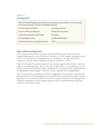 ASSESSING UNDERSERVED STUDENTS’ ENGAGEMENT IN HIGH-IMPACT PRACTICES | 37
Figure A.1
Choosing a HIP
Which of the following high-impact practices are taking place on your campus? Circle all that apply.
Then choose one of the circled items for detailed assessment.
First-Year Experience/Seminar
Common Intellectual Experiences
Collaborative Assignments and Projects
Diversity/Global Learning
Service Learning, Community-Based Learning
Learning Communities
Writing-Intensive Courses
Internships
Undergraduate Research
Other:______________________________________
Step 2: Gather and Analyze Data
After choosing a HIP for further assessment, gather data detailing student representation in the
program (disaggregated by race and ethnicity), criteria for access to the program, and program impact
on those who participate (also disaggregated by race and ethnicity). To enable equity-based
comparisons, assemble additional enrollment data for the institution as a whole.
Figures A.2 through A.4 provide examples of what such data might look like and how institutions
might go about analyzing them. The data these figures offer pertain to an undergraduate research
program at the fictional Downtown College in Washington, DC. Downtown College explicitly designed
the undergraduate research program in question to increase completion rates among participants.
Figure A.2 pairs data on overall student enrollment disaggregated by race/ethnicity with equivalent
data on participation in the undergraduate research program. By examining these numbers together,
practitioners can see that African Americans, Latino/as, and Native Americans are underrepresented
within the undergraduate research program compared to their overall representation in full-time
enrollment at Downtown College.
 