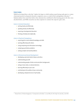 ASSESSING UNDERSERVED STUDENTS’ ENGAGEMENT IN HIGH-IMPACT PRACTICES | 49
Gains Scales
NSSE has developed three scales that “explore the degree to which students report having made gains in a variety
of personal, practical, and general education competency areas as a result of their undergraduate education.”3
Students indicate how much they believe their education has contributed to their learning gains in the three areas
described below, and NSSE researchers use those responses to construct the respective gains scales.
Gains in General Education
¾¾ writing clearly and effectively
¾¾ speaking clearly and effectively
¾¾ acquiring a broad general education
¾¾ thinking critically and analytically
Gains in Practical Competence
¾¾ acquiring job or work-related knowledge and skills
¾¾ working effectively with others
¾¾ using computing and information technology
¾¾ analyzing quantitative problems
¾¾ solving complex real-world problems
Gains in Personal and Social Development
¾¾ developing a personal code of values and ethics
¾¾ understanding yourself
¾¾ understanding people of other racial and ethnic backgrounds
¾¾ voting in local, state, or national elections
¾¾ learning effectively on your own
¾¾ contributing to the welfare of your community
¾¾ developing a deepened sense of spirituality
3
	 National Survey of Student Engagement, “Creating Scales and Scalelets,” accessed May 30, 2013, http://nsse.iub.edu/_/?cid=368.
 
