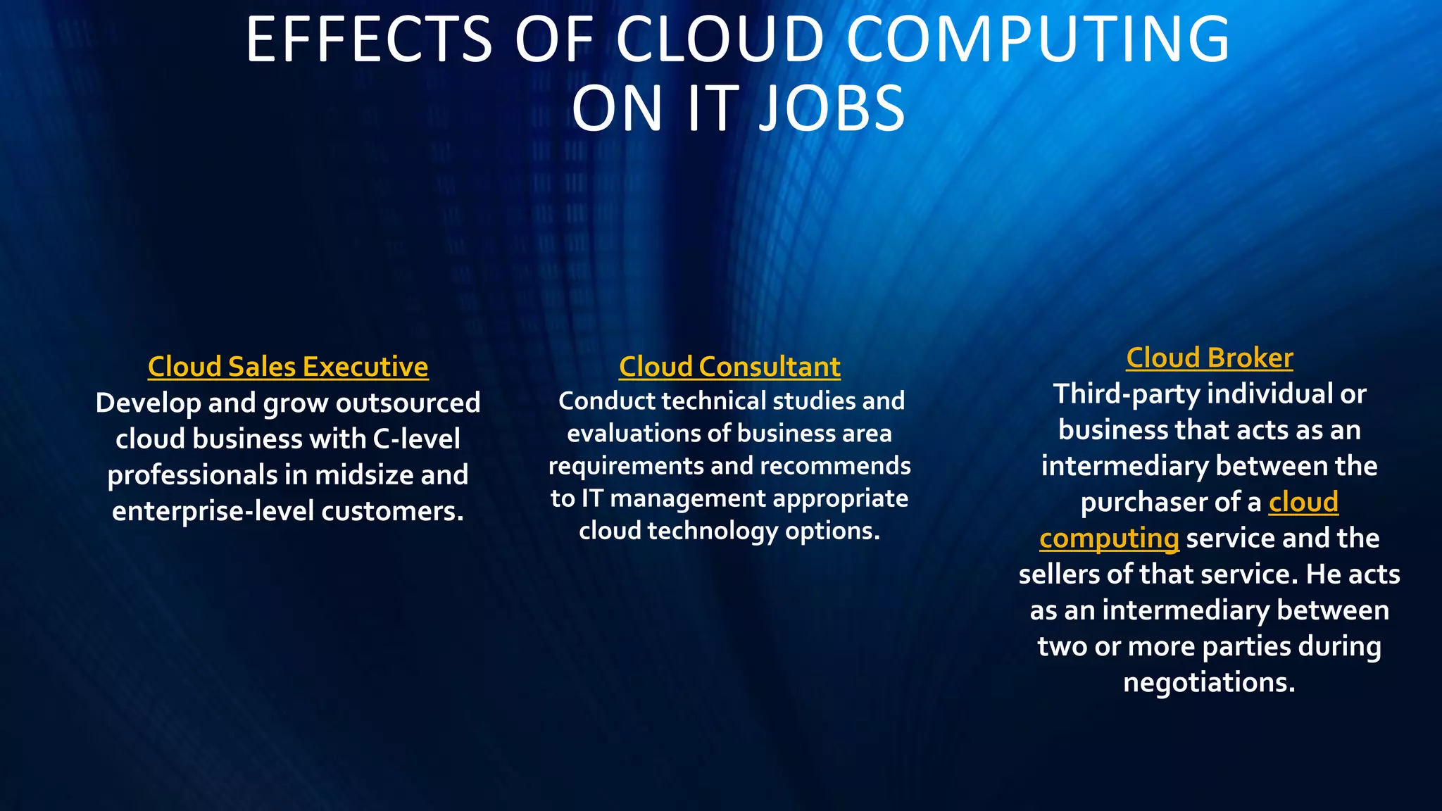 EFFECTS OF CLOUD COMPUTING
ON IT JOBS
Cloud Sales Executive
Develop and grow outsourced
cloud business with C-level
professionals in midsize and
enterprise-level customers.
Cloud Broker
Third-party individual or
business that acts as an
intermediary between the
purchaser of a cloud
computing service and the
sellers of that service. He acts
as an intermediary between
two or more parties during
negotiations.
Cloud Consultant
Conduct technical studies and
evaluations of business area
requirements and recommends
to IT management appropriate
cloud technology options.
 