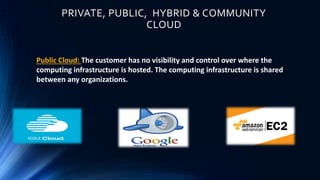PRIVATE, PUBLIC, HYBRID & COMMUNITY
CLOUD
Public Cloud: The customer has no visibility and control over where the
computing infrastructure is hosted. The computing infrastructure is shared
between any organizations.
 