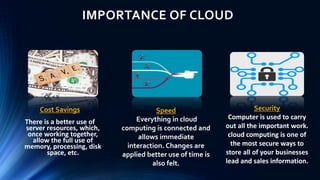IMPORTANCE OF CLOUD
Cost Savings
There is a better use of
server resources, which,
once working together,
allow the full use of
memory, processing, disk
space, etc.
Speed
Everything in cloud
computing is connected and
allows immediate
interaction. Changes are
applied better use of time is
also felt.
Security
Computer is used to carry
out all the important work.
cloud computing is one of
the most secure ways to
store all of your businesses
lead and sales information.
 