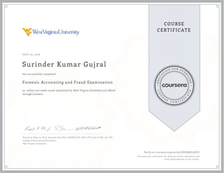 EDUCA
T
ION FOR EVE
R
YONE
CO
U
R
S
E
C E R T I F
I
C
A
TE
COURSE
CERTIFICATE
JULY 02, 2016
Surinder Kumar Gujral
Forensic Accounting and Fraud Examination
an online non-credit course authorized by West Virginia University and offered
through Coursera
has successfully completed
Richard A. Riley, Jr., Ph.D | Richard Dull, PhD, CPA(NC)/CFF, CISA, CFE | John D. Gill, J.D., CFE
College of Business and Economics
West Virginia University
Verify at coursera.org/verify/EEGHQJF5SJTE
Coursera has confirmed the identity of this individual and
their participation in the course.
 