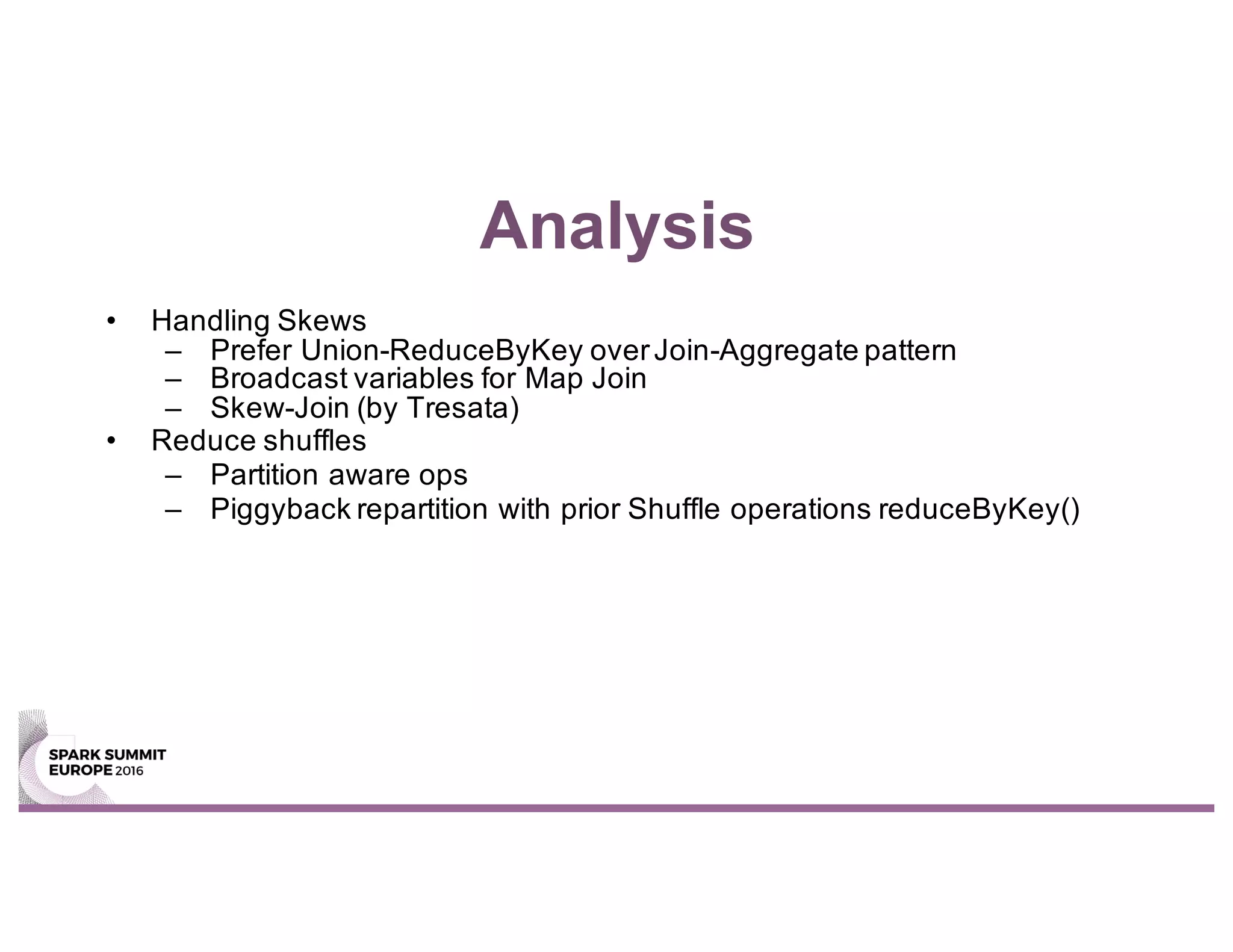 Analysis
• Handling Skews
– Prefer Union-ReduceByKey overJoin-Aggregate pattern
– Broadcast variables for Map Join
– Skew-Join (by Tresata)
• Reduce shuffles
– Partition aware ops
– Piggyback repartition with prior Shuffle operations reduceByKey()
 