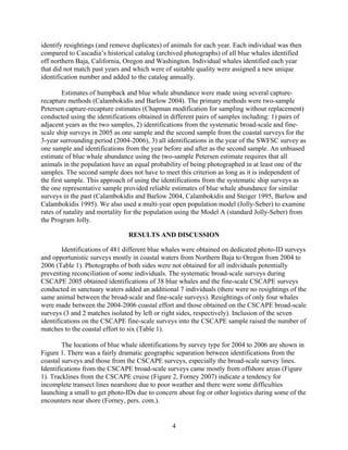 identify resightings (and remove duplicates) of animals for each year. Each individual was then
compared to Cascadia’s historical catalog (archived photographs) of all blue whales identified
off northern Baja, California, Oregon and Washington. Individual whales identified each year
that did not match past years and which were of suitable quality were assigned a new unique
identification number and added to the catalog annually.
Estimates of humpback and blue whale abundance were made using several capture-
recapture methods (Calambokidis and Barlow 2004). The primary methods were two-sample
Petersen capture-recapture estimates (Chapman modification for sampling without replacement)
conducted using the identifications obtained in different pairs of samples including: 1) pairs of
adjacent years as the two samples, 2) identifications from the systematic broad-scale and fine-
scale ship surveys in 2005 as one sample and the second sample from the coastal surveys for the
3-year surrounding period (2004-2006), 3) all identifications in the year of the SWFSC survey as
one sample and identifications from the year before and after as the second sample. An unbiased
estimate of blue whale abundance using the two-sample Petersen estimate requires that all
animals in the population have an equal probability of being photographed in at least one of the
samples. The second sample does not have to meet this criterion as long as it is independent of
the first sample. This approach of using the identifications from the systematic ship surveys as
the one representative sample provided reliable estimates of blue whale abundance for similar
surveys in the past (Calambokidis and Barlow 2004, Calambokidis and Steiger 1995, Barlow and
Calambokidis 1995). We also used a multi-year open population model (Jolly-Seber) to examine
rates of natality and mortality for the population using the Model A (standard Jolly-Seber) from
the Program Jolly.
RESULTS AND DISCUSSION
Identifications of 481 different blue whales were obtained on dedicated photo-ID surveys
and opportunistic surveys mostly in coastal waters from Northern Baja to Oregon from 2004 to
2006 (Table 1). Photographs of both sides were not obtained for all individuals potentially
preventing reconciliation of some individuals. The systematic broad-scale surveys during
CSCAPE 2005 obtained identifications of 38 blue whales and the fine-scale CSCAPE surveys
conducted in sanctuary waters added an additional 7 individuals (there were no resightings of the
same animal between the broad-scale and fine-scale surveys). Resightings of only four whales
were made between the 2004-2006 coastal effort and those obtained on the CSCAPE broad-scale
surveys (3 and 2 matches isolated by left or right sides, respectively). Inclusion of the seven
identifications on the CSCAPE fine-scale surveys into the CSCAPE sample raised the number of
matches to the coastal effort to six (Table 1).
The locations of blue whale identifications by survey type for 2004 to 2006 are shown in
Figure 1. There was a fairly dramatic geographic separation between identifications from the
coastal surveys and those from the CSCAPE surveys, especially the broad-scale survey lines.
Identifications from the CSCAPE broad-scale surveys came mostly from offshore areas (Figure
1). Tracklines from the CSCAPE cruise (Figure 2, Forney 2007) indicate a tendency for
incomplete transect lines nearshore due to poor weather and there were some difficulties
launching a small to get photo-IDs due to concern about fog or other logistics during some of the
encounters near shore (Forney, pers. com.).
4
 