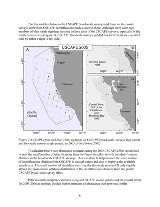 The few matches between the CSCAPE broad-scale surveys and those on the coastal
surveys came from CSCAPE identifications made closer to shore. Although there were high
numbers of blue whale sightings in some inshore parts of the CSCAPE surveys, especially in the
southern-most area (Figure 2), CSCAPE fine-scale surveys yielded few identifications overall (7
total by either a right or left side).
Figure 2. CSCAPE effort and blue whale sightings on CSCAPE broad-scale surveys (left panel)
and fine-scale surveys (right panels) in 2005 (from Forney 2007).
To calculate blue whale abundance estimates using the 2005 CSCAPE effort we decided
to pool the small number of identifications from the fine-scale effort in with the identifications
obtained in the broad-scale CSCAPE surveys. This was done to help balance the small number
of identifications obtained from CSCAPE in coastal waters and also to improve the available
sample size. The small number of identifications from the fine-scale surveys (7) only slightly
altered the predominant offshore distribution of the identifications obtained from the greater
CSCAPE broad-scale survey effort.
Petersen mark-recapture estimates using all CSCAPE as one sample and the coastal effort
for 2004-2006 as another, yielded higher estimates of abundance than previous similar
6
 
