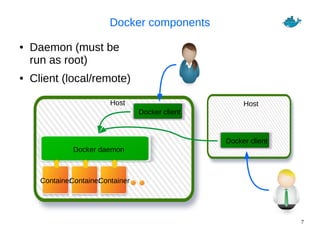 7
Docker components
● Daemon (must be
run as root)
● Client (local/remote)
Host Host
Docker daemon
ContainerContainerContainer
Docker client
Docker client
 