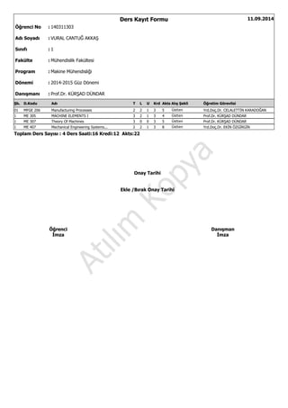 Atılım
Kopya
Ders Kayıt Formu
Öğrenci No
Adı Soyadı
Sınıfı
Fakülte
Program
Dönemi
Danışmanı
:
:
:
:
:
:
:
140311303
VURAL CANTUĞ AKKAŞ
1
Mühendislik Fakültesi
Makine Mühendisliği
2014-2015 Güz Dönemi
Prof.Dr. KÜRŞAD DÜNDAR
11.09.2014
D.Kodu Adı T L U Krd Alış ŞekliŞb. Öğretim GörevlisiAkts
01 MFGE 206 Manufacturing Processes 2 2 1 3 Üstten Yrd.Doç.Dr. CELALETTİN KARADOĞAN5
1 ME 305 MACHINE ELEMENTS I 3 2 1 3 Üstten Prof.Dr. KÜRŞAD DÜNDAR4
1 ME 307 Theory Of Machines 3 0 0 3 Üstten Prof.Dr. KÜRŞAD DÜNDAR5
1 ME 407 Mechanical Engineering Systems... 2 2 1 3 Üstten Yrd.Doç.Dr. EKİN ÖZGİRGİN8
Toplam Ders Sayısı : 4 Ders Saati:16 Kredi:12 Akts:22
Öğrenci
İmza
Danışman
İmza
Onay Tarihi
Ekle /Bırak Onay Tarihi
 