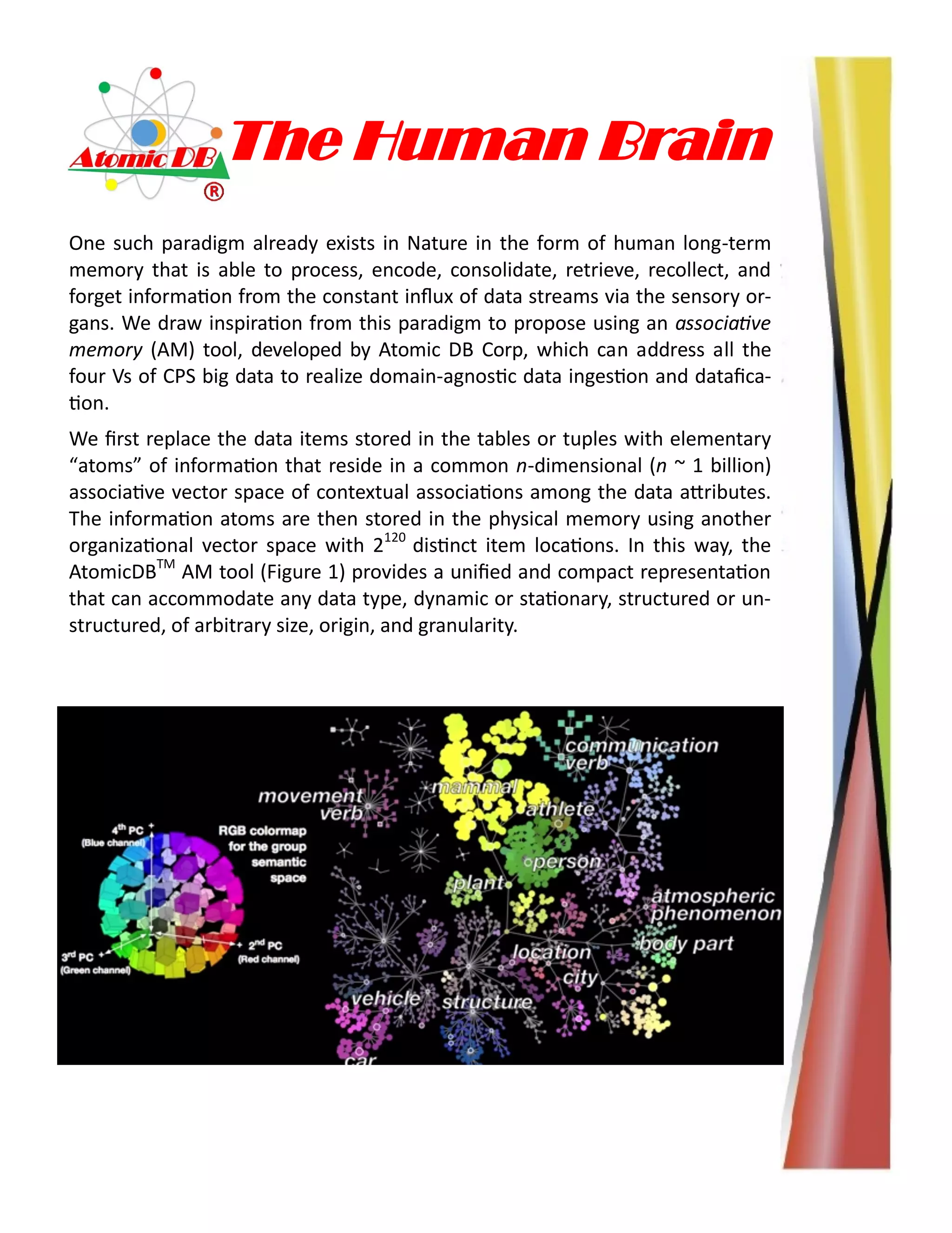 The Human Brain
One such paradigm already exists in Nature in the form of human long-term
memory that is able to process, encode, consolidate, retrieve, recollect, and
forget information from the constant influx of data streams via the sensory or-
gans. We draw inspiration from this paradigm to propose using an associative
memory (AM) tool, developed by Atomic DB Corp, which can address all the
four Vs of CPS big data to realize domain-agnostic data ingestion and datafica-
tion.
We first replace the data items stored in the tables or tuples with elementary
“atoms” of information that reside in a common n-dimensional (n ~ 1 billion)
associative vector space of contextual associations among the data attributes.
The information atoms are then stored in the physical memory using another
organizational vector space with 2120
distinct item locations. In this way, the
AtomicDBTM
AM tool (Figure 1) provides a unified and compact representation
that can accommodate any data type, dynamic or stationary, structured or un-
structured, of arbitrary size, origin, and granularity.
 