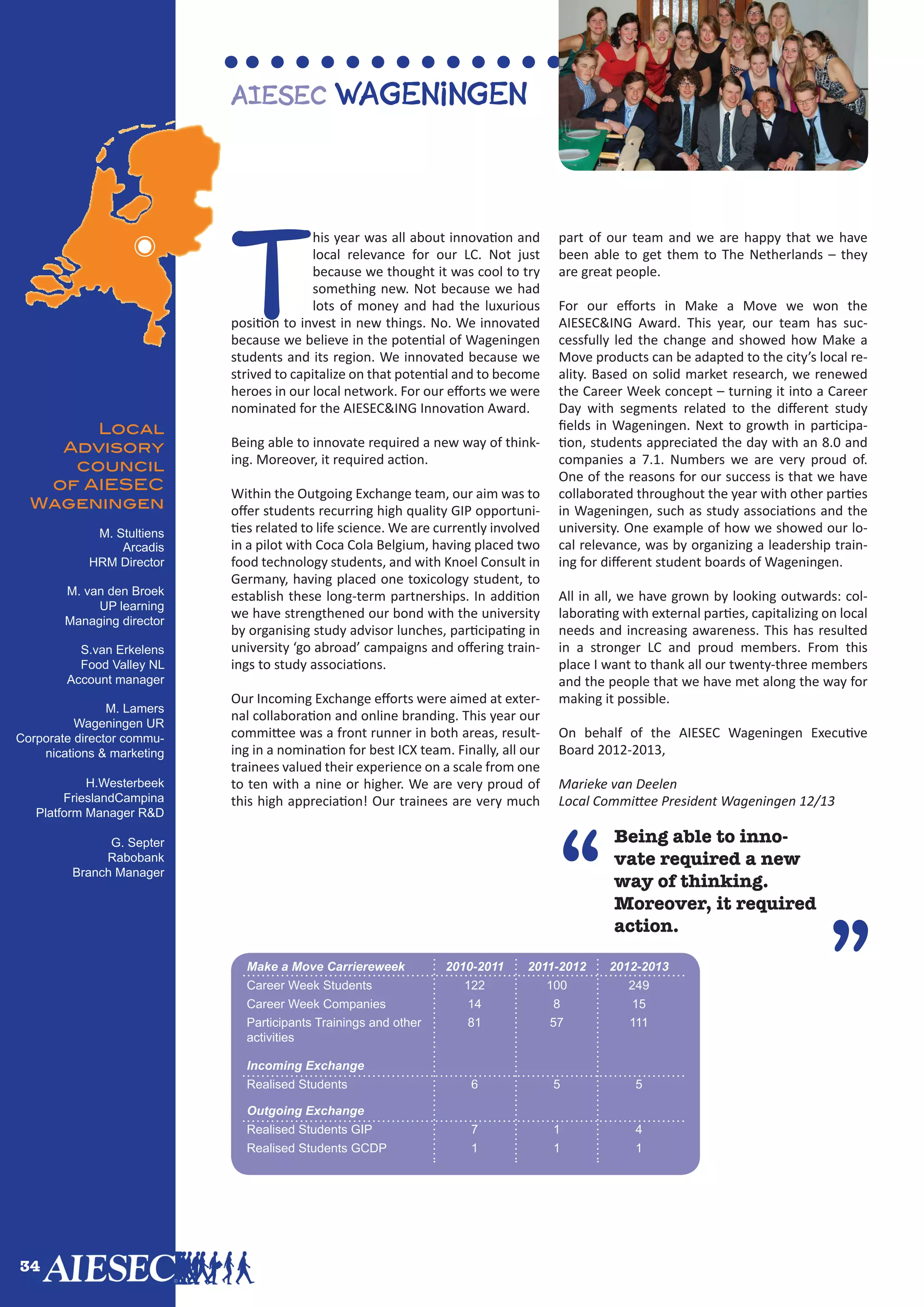 34
Local
Advisory
council
of AIESEC
Wageningen
M. Stultiens
Arcadis
HRM Director
M. van den Broek
UP learning
Managing director
S.van Erkelens
Food Valley NL
Account manager
M. Lamers
Wageningen UR
Corporate director commu-
nications & marketing
H.Westerbeek
FrieslandCampina
Platform Manager R&D
G. Septer
Rabobank
Branch Manager
	
T
his year was all about innovation and
local relevance for our LC. Not just
because we thought it was cool to try
something new. Not because we had
lots of money and had the luxurious
position to invest in new things. No. We innovated
because we believe in the potential of Wageningen
students and its region. We innovated because we
strived to capitalize on that potential and to become
heroes in our local network. For our efforts we were
nominated for the AIESEC&ING Innovation Award.
Being able to innovate required a new way of think-
ing. Moreover, it required action.
Within the Outgoing Exchange team, our aim was to
offer students recurring high quality GIP opportuni-
ties related to life science. We are currently involved
in a pilot with Coca Cola Belgium, having placed two
food technology students, and with Knoel Consult in
Germany, having placed one toxicology student, to
establish these long-term partnerships. In addition
we have strengthened our bond with the university
by organising study advisor lunches, participating in
university ‘go abroad’ campaigns and offering train-
ings to study associations.
Our Incoming Exchange efforts were aimed at exter-
nal collaboration and online branding. This year our
committee was a front runner in both areas, result-
ing in a nomination for best ICX team. Finally, all our
trainees valued their experience on a scale from one
to ten with a nine or higher. We are very proud of
this high appreciation! Our trainees are very much
part of our team and we are happy that we have
been able to get them to The Netherlands – they
are great people.
For our efforts in Make a Move we won the
AIESEC&ING Award. This year, our team has suc-
cessfully led the change and showed how Make a
Move products can be adapted to the city’s local re-
ality. Based on solid market research, we renewed
the Career Week concept – turning it into a Career
Day with segments related to the different study
fields in Wageningen. Next to growth in participa-
tion, students appreciated the day with an 8.0 and
companies a 7.1. Numbers we are very proud of.
One of the reasons for our success is that we have
collaborated throughout the year with other parties
in Wageningen, such as study associations and the
university. One example of how we showed our lo-
cal relevance, was by organizing a leadership train-
ing for different student boards of Wageningen.
All in all, we have grown by looking outwards: col-
laborating with external parties, capitalizing on local
needs and increasing awareness. This has resulted
in a stronger LC and proud members. From this
place I want to thank all our twenty-three members
and the people that we have met along the way for
making it possible.
On behalf of the AIESEC Wageningen Executive
Board 2012-2013,
Marieke van Deelen
Local Committee President Wageningen 12/13
AIESEC Wageningen
Being able to inno-
vate required a new
way of thinking.
Moreover, it required
action.
“
”Make a Move Carriereweek
Career Week Companies
Career Week Students
Incoming Exchange
Realised Students
Outgoing Exchange
Participants Trainings and other
activities
Realised Students GIP
Realised Students GCDP
2010-2011
14
122
6
81
7
1
2011-2012
8
100
5
57
1
1
2012-2013
15
249
5
111
4
1
 