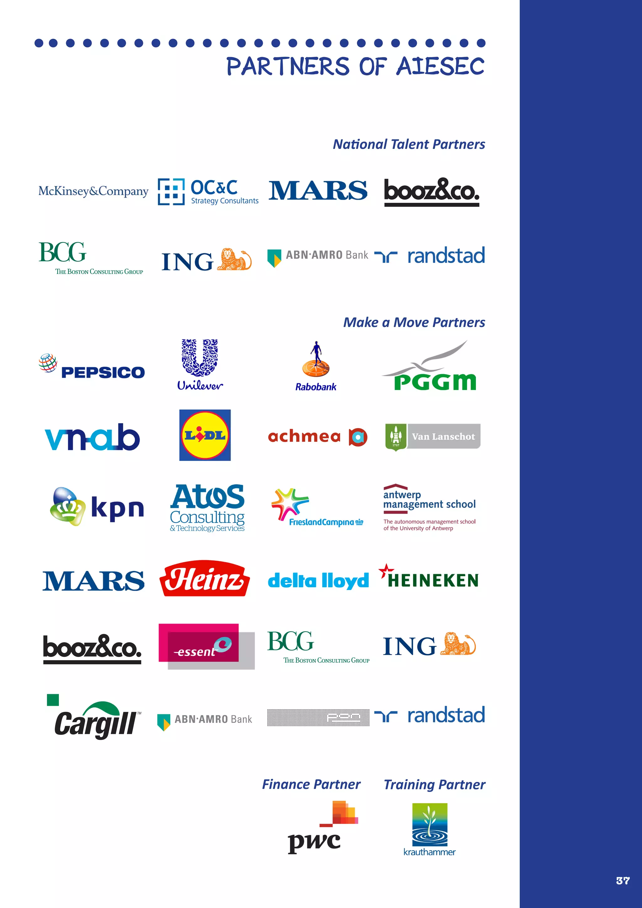 37
Partners of AIESEC
National Talent Partners
Make a Move Partners
Finance Partner Training Partner
From PDF
 