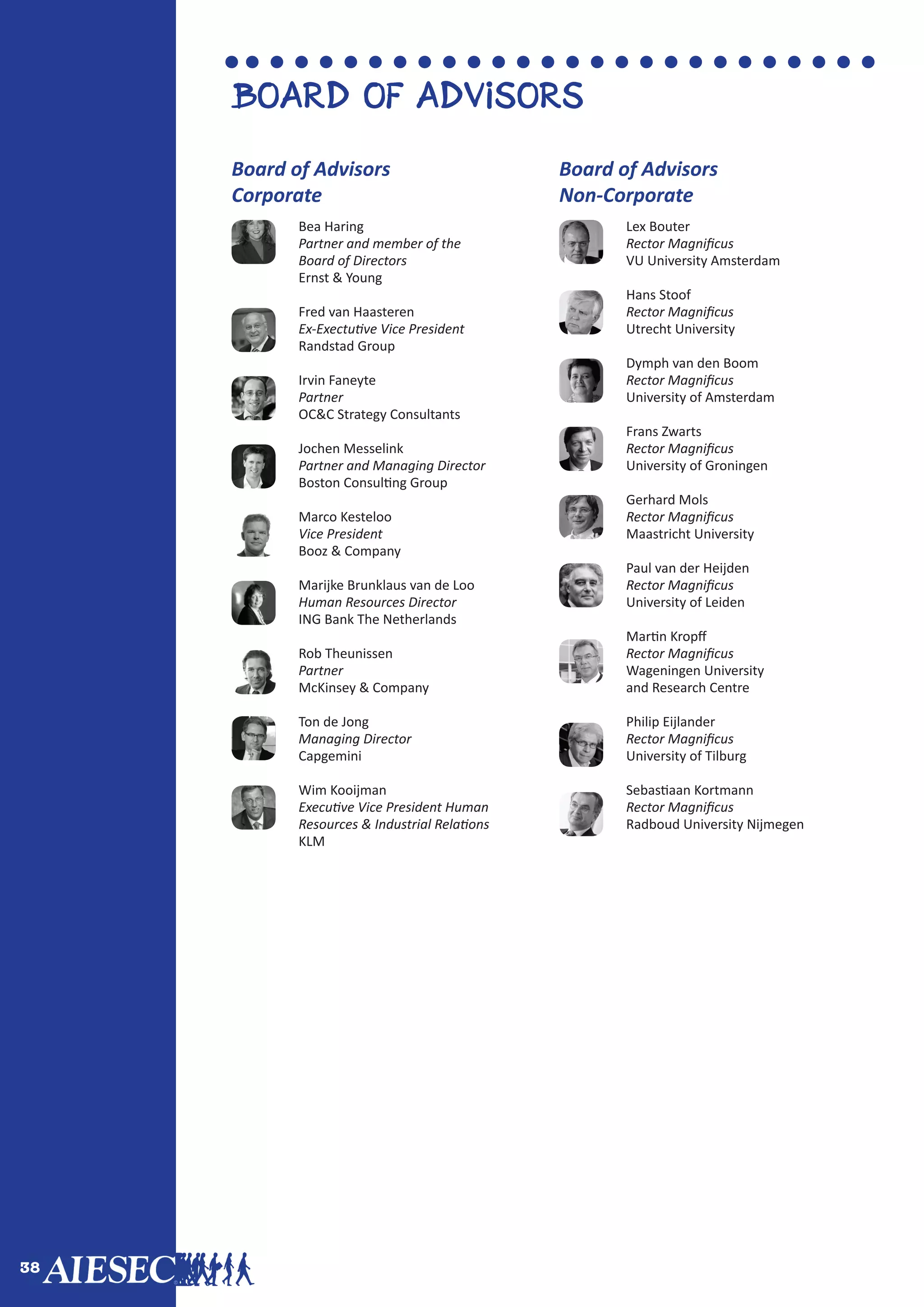 38
Bea Haring	
Partner and member of the
Board of Directors
Ernst & Young
Fred van Haasteren
Ex-Exectutive Vice President
Randstad Group
Irvin Faneyte
Partner
OC&C Strategy Consultants
Jochen Messelink
Partner and Managing Director
Boston Consulting Group
Marco Kesteloo
Vice President
Booz & Company
Marijke Brunklaus van de Loo
Human Resources Director
ING Bank The Netherlands
Rob Theunissen
Partner
McKinsey & Company
Ton de Jong
Managing Director
Capgemini
Wim Kooijman
Executive Vice President Human
Resources & Industrial Relations
KLM
Board of Advisors
Board of Advisors
Corporate
Board of Advisors
Non-Corporate
Lex Bouter
Rector Magnificus
VU University Amsterdam
Hans Stoof
Rector Magnificus
Utrecht University
Dymph van den Boom
Rector Magnificus
University of Amsterdam
Frans Zwarts
Rector Magnificus
University of Groningen
Gerhard Mols
Rector Magnificus
Maastricht University
Paul van der Heijden
Rector Magnificus
University of Leiden
Martin Kropff
Rector Magnificus
Wageningen University
and Research Centre
Philip Eijlander
Rector Magnificus
University of Tilburg
Sebastiaan Kortmann
Rector Magnificus
Radboud University Nijmegen
 