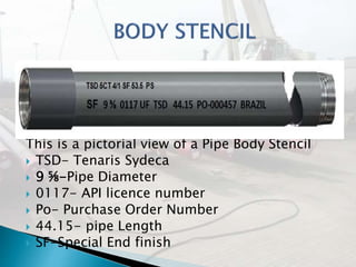 This is a pictorial view of a Pipe Body Stencil
 TSD- Tenaris Sydeca
 9 ⅝-Pipe Diameter
 0117- API licence number
 Po-...
