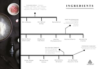 I N G R E D I E N T S
E l k V e l v e t
A n t l e r
B 4 c o m p l e x R e s v e r a t r o l
A l p i n e R o s e
S t e m C e l l s
M a r i n e
P h y t o p l a n k t o n
M a g n o l i a
T r e e B a r k
A p o l a c t o f e r r i n M o l d o v i t e
C r y s t a l
S n o w A l g a e
E x t r a c t
W h i t e G o l d
O r m u s
M o n o t o m i c
M i n e r a l s
U n - B u f f e r e d
G l y c o l i c A c i d
BIO-AVAILABLE FORMULAS
are easily recognised
and accepted by the
skin, reducing skin damage
at a cellular level
GREAT FOR PROBLEM SKIN
with combined
benefits of anti-ageing,
anti-inflammatory and anti-
bacterial
properties
Formulated without: - Parabens -
Petroleum - Pesticides - GMO - Phthalates
- artificial dyes - Sodium Lauryl Sulfates -
Propylene or Butylene Glycol - Fragrances
“PROPRIETARY COMPLEXES”
Produced by bio-fermenting
the ingredients over time
 