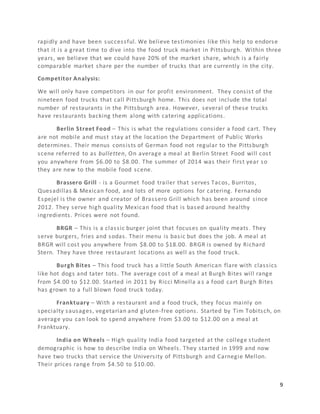 9
rapidly and have been successful. We believe testimonies like this help to endorse
that it is a great time to dive into the food truck market in Pittsburgh. Within three
years, we believe that we could have 20% of the market share, which is a fairly
comparable market share per the number of trucks that are currently in the city.
Competitor Analysis:
We will only have competitors in our for profit environment. They consist of the
nineteen food trucks that call Pittsburgh home. This does not include the total
number of restaurants in the Pittsburgh area. However, several of these trucks
have restaurants backing them along with catering applications.
Berlin Street Food – This is what the regulations consider a food cart. They
are not mobile and must stay at the location the Department of Public Works
determines. Their menus consists of German food not regular to the Pittsburgh
scene referred to as bulletten, On average a meal at Berlin Street Food will cost
you anywhere from $6.00 to $8.00. The summer of 2014 was their first year so
they are new to the mobile food scene.
Brassero Grill - is a Gourmet food trailer that serves Tacos, Burritos,
Quesadillas & Mexican food, and lots of more options for catering. Fernando
Espejel is the owner and creator of Brassero Grill which has been around since
2012. They serve high quality Mexican food that is based around healthy
ingredients. Prices were not found.
BRGR – This is a classic burger joint that focuses on quality meats. They
serve burgers, fries and sodas. Their menu is basic but does the job. A meal at
BRGR will cost you anywhere from $8.00 to $18.00. BRGR is owned by Richard
Stern. They have three restaurant locations as well as the food truck.
Burgh Bites – This food truck has a little South American flare with classics
like hot dogs and tater tots. The average cost of a meal at Burgh Bites will range
from $4.00 to $12.00. Started in 2011 by Ricci Minella a s a food cart Burgh Bites
has grown to a full blown food truck today.
Franktuary – With a restaurant and a food truck, they focus mainly on
specialty sausages, vegetarian and gluten-free options. Started by Tim Tobitsch, on
average you can look to spend anywhere from $3.00 to $12.00 on a meal at
Franktuary.
India on Wheels – High quality India food targeted at the college student
demographic is how to describe India on Wheels. They started in 1999 and now
have two trucks that service the University of Pittsburgh and Carnegie Mellon.
Their prices range from $4.50 to $10.00.
 