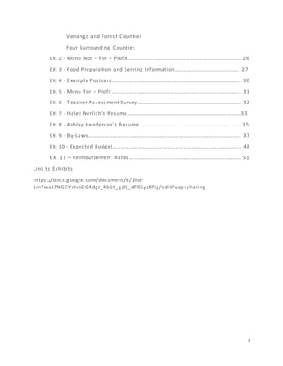3
Venango and Forest Counties
Four Surrounding Counties
EX: 2 - Menu Not – For – Profit……………………………………………………………………… 26
EX: 3 - Food Preparation and Serving Information………………………………………. 27
EX: 4 - Example Postcard……………………………………………………………………………….. 30
EX: 5 - Menu For – Profit……………………………………………………………………………….. 31
EX: 6 - Teacher Assessment Survey……………………………………………………………….. 32
EX: 7 - Haley Nerlich’s Resume……………………………………………………………………….33
EX: 8 - Ashley Henderson’s Resume………………………………………………………………. 35
EX: 9 - By-Laws……………………………………………………………………………………………….. 37
EX: 10 - Expected Budget……………………………………………………………………………….. 48
EX: 11 – Reimbursement Rates……………………………………………………………………… 51
Link to Exhibits
https://docs.google.com/document/d/1hd-
5m7wAJ7NGCYshmCG4dgJ_4bGt_gdX_dP06yc8fig/edit?usp=sharing
 