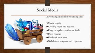 Social Media
Advertising on social networking sites:
Media buying
Creating pages and account
Program updates and news feeds
Press releases
Feedback responses
Web link to enquires and responses
11
 