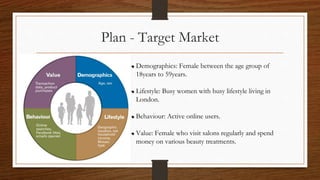 Plan - Target Market
Demographics: Female between the age group of
18years to 59years.
Lifestyle: Busy women with busy lifestyle living in
London.
Behaviour: Active online users.
Value: Female who visit salons regularly and spend
money on various beauty treatments.
 