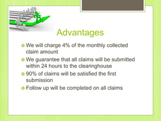 Advantages
 We will charge 4% of the monthly collected
claim amount
 We guarantee that all claims will be submitted
within 24 hours to the clearinghouse
 90% of claims will be satisfied the first
submission
 Follow up will be completed on all claims
 