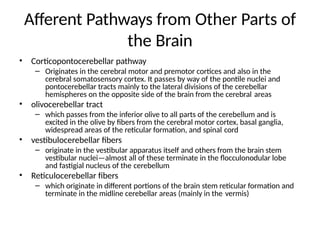 Afferent Pathways from Other Parts of
the Brain
• Corticopontocerebellar pathway
– Originates in the cerebral motor and premotor cortices and also in the
cerebral somatosensory cortex. It passes by way of the pontile nuclei and
pontocerebellar tracts mainly to the lateral divisions of the cerebellar
hemispheres on the opposite side of the brain from the cerebral areas
• olivocerebellar tract
– which passes from the inferior olive to all parts of the cerebellum and is
excited in the olive by fibers from the cerebral motor cortex, basal ganglia,
widespread areas of the reticular formation, and spinal cord
• vestibulocerebellar fibers
– originate in the vestibular apparatus itself and others from the brain stem
vestibular nuclei—almost all of these terminate in the flocculonodular lobe
and fastigial nucleus of the cerebellum
• Reticulocerebellar fibers
– which originate in different portions of the brain stem reticular formation and
terminate in the midline cerebellar areas (mainly in the vermis)
 