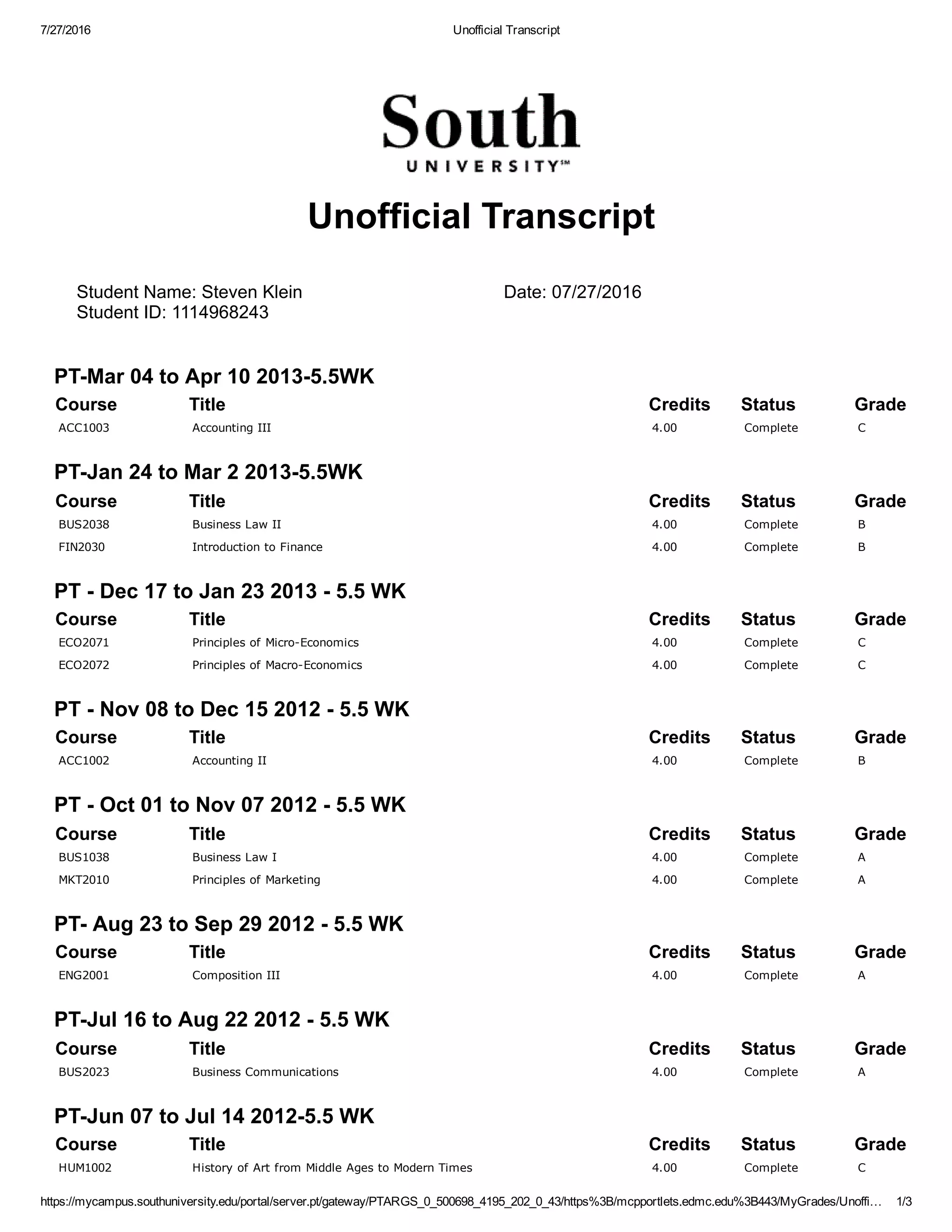 Unofficial Transcript | PDF