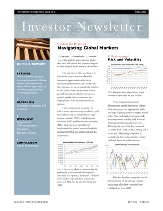 KAWIN THONCOMPEERAVAS 
 BUS 502 FALL’09
Investor Newsletter
Gain from Our Perspective
Navigating Global Markets
Legend For simplicity, unless otherwise labeled,
these colors will represent their respective categories
in charts displayed for the entirety of this brochure.
The objective of this brochure is to
inform the typical investor about the
investment opportunities that lay in
international economies, and to alleviate
the reluctance to invest outside the borders
of the United States in the form of best
possible investment climate research on
growth, productivity, investment and
employment of the several investment
options.
Three categories of countries of
which future products may be offered to the
ﬁrm’s clients will be featured here: high-
income countries (HIC), middle-income
countries (MIC) and low-income countries
(LIC). Each category has different
implications for growth potential and risk
management that may not be suitable for
all investors.
Growth Opportunity Based on historical data, the
performance of these economies has improved
consistently over a period of thirty years. The GDP
value which best represents these economies has
grown over 88% from the year 1970 to the year
2000.
Will I lose my money?
Risk and Volatility
Risk Ratings for these categories have stayed
constant or improved for the past 30 years.
These categorical countries
demonstrate a good investment climate
that incorporates an appropriate policy
package of private property rights, sound
rule of law and regulatory framework,
macroeconomic stability, and access to
ﬁnancial and infrastructure services.
Through the use of the International
Country Risk Guide (ICRG) rating, risk is
evaluated. This rating comprises 22
variables in three subcategories of risk:
political, ﬁnancial, and economic.
Volatility for these categories can be
demonstrated by the average annual
percentage that these countries have
exhibited for their GDP.
IN THIS REPORT
1
EXPLORE
This ﬁrm wishes to present
the growth potential of foreign
markets and to provide its
clients with an opportunity of
risk-smoothing, diversiﬁed
investment portfolios.
2
GLOBALISM
Internation integration and
its effects.
3
OVERVIEW
Performance	

GDP composition
Population	

Standard of Living
7
COMPARISON
Side to Side analysis
INVESTOR NEWSLETTER ISSUE N°3	

 FALL 2000
 