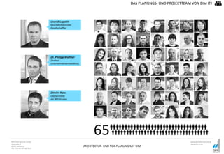 ARCHITEKTUR- UND TGA-PLANUNG MIT BIM
BPS International GmbH
Riestraße 8
80992 München
Tel. +49 89 307 66 7815
www.bpsinternational.de
www.bim-it.de
Leonid Lopatin
Geschäftsführender
Gesellschaffter
Dr. Philipp Walther
Direktor
Unternehmensentwicklung
Dimitri Kats
Chefarchitekt
der BPS Gruppe
65
DAS PLANUNGS- UND PROJEKTTEAM VON BIM IT!
 