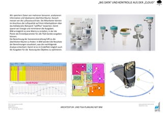 ARCHITEKTUR- UND TGA-PLANUNG MIT BIM
BPS International GmbH
Riestraße 8
80992 München
Tel. +49 89 307 66 7815
www.bpsinternational.de
www.bim-it.de
Wir speichern Daten von mehreren Sensoren, analysieren
Information und lokalisieren überhitze Räume. Danach
messen wir die Luftaustauschrate. Die Mitarbeiter können
im Anschluss die Luftqualität auf ihren Arbeitsplätzen über
das Kollaborativ-Netzwerk “JaOffice” bewerten. Damit
sparen wir Energie und minimieren die Ausgaben.
BIM ermöglicht es eine Matrix zu erstellen, in der die
Planer die Einstellparameter für alle TGA-Geräte vorgeben
können.
Die Berechnung der Sonneneinstrahlung hilft es die
überhitzten Räume zu finden. In BIM werden die Resultate
der Berechnungen visualisiert, was die nachfolgende
Analyse erleichtert. Damit ist es im Endeffekt möglich auch
die Ausgaben für die Nutzung des Objektes zu optimieren.
„BIG DATA“ UND KONTROLLE AUS DER „CLOUD“
 