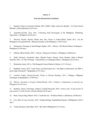 Annexe A
Liste des documentaires étudiants
1. Paquette, Francis et Germain Schmid, 2010 « OSNI : Objet social non identifié – Le Forum Social
Mondial », Brésil-Montréal (16:47 min.).
2. Arguelles-Caouette, Arca. 2011. « Choosing Food Sovereignty in the Philippines: Rethinking
Agriculture ». Philippines (22:28 min.).
3. Descroix, Nicolas. Rosales, Barbie Jane. Sun, Cherry et Audrey-Maud, Tardif. 2011. « In the
Philippines, Giving Birth Kills : Maternal mortality in the Philippines » (28:52 min.).
4. Deslauriers, Véronique et Jean-Philippe Hughes. 2013. « Minera : The Women Miners of Benguet ».
Philippines (21:06 min.).
5. Pelletier, Marie-Charles. 2013. « Alas-as : Sitting on a Volcano », Philippines, (20:06 min.).
6. Hallé, Clémence. Jeandesboz, Marc. Maindl, Francis. Pantoja, Claire. Rimban, Allan et Phoebe
Saculsan. 2012. « A Tide of Change : Vulnerability in a Changing Climate », Philippines (22:38 min.).
7. Richardson, Jamie, 2013, « The Mangochi Central Market in Malawi » (15 :45 min.).
8. Begdhadi, Amira, 2013, “Land Tenure and Information Act : The Right to Information Act 2009: a
power legal instrument?”, Bangladesh, (15:21 min.).
9. Letendre, Sophie. Rochon-Gruselle, Émilie et Clément Rodrigue. 2014. « Sillages » (Migrants
climatiques au Bangladesh » (15:00 min.).
10. Marcou, Alexandre et François Robert-Durand. 2014. « Kadena » (Urbanisation et pauvreté aux
Philippines) (18:49 min.).
11. Boulhian, Amine. Côte-Pages, Anthony et Élodie Rousselle. 2014. « Fièvre verte : À qui la terre? À
nous la terre? » (Côte d’Ivoire et Guinée Bissau) (26:56 min.).
12. Rami, Tariq et Hugo Maurer. 2015. « Under the tree – Di Bawan Pohon », (Indonésie): (26:08 min.).
13. Levi, Dévi et Lucy Lavirotte. 2015, “Fading Heritage: Naglalahong Pamana” (Phillippines): (20:15
min.).
14. Tiranti, Rosanna et Ken Bejer. 2015. “Rio Tuba” (Philippines) (17:38 min.)
 