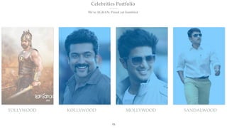 Celebrities Portfolio
We’re AGHAN. Proud yet humbled
TOLLYWOOD KOLLYWOOD SANDALWOODMOLLYWOOD
15
 