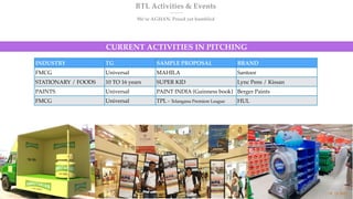 BTL Activities & Events
We’re AGHAN. Proud yet humbled
INDUSTRY TG SAMPLE PROPOSAL BRAND
FMCG Universal MAHILA Santoor
STATIONARY / FOODS 10 TO 16 years SUPER KID Lync Pens / Kissan
PAINTS Universal PAINT INDIA (Guinness book) Berger Paints
FMCG Universal TPL - Telangana Premiere League HUL
CURRENT ACTIVITIES IN PITCHING
22
 