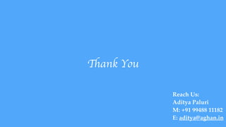 Thank You
Reach Us:
Aditya Paluri
M: +91 99488 11182
E: aditya@aghan.in
 