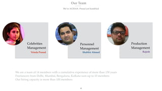Our Team
We’re AGHAN. Proud yet humbled
Shabbir AhmedVrinda Prasad Rajesh
We are a team of 14 members with a cumulative experience of more than 150 years
Freelancers from Delhi, Mumbai, Bengaluru, Kolkata sum up to 10 members
Our hiring capacity is more than 100 members
4
Celebrities
Management
Production
Management
Personnel
Management
 
