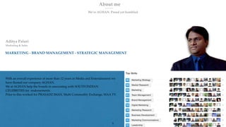 About me
We’re AGHAN. Proud yet humbled
Aditya Paluri
Marketing & Sales
MARKETING - BRAND MANAGEMENT - STRATEGIC MANAGEMENT
With an overall experience of more than 12 years in Media and Entertainment we
have ﬂoated our company AGHAN.
We at AGHAN help the brands in associating with SOUTH INDIAN
CELEBRITIES for endorsements.
Prior to this worked for PRASADZ IMAX, Multi Commodity Exchange, MAA TV.
5
 