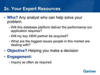 2c. Your Expert Resources 
•Who?Any analyst who can help solve your problem. 
-Will this database platform deliver the performance our application requires? 
-Will my key OEM partner be acquired? 
-What are the biggest issues people in this market are dealing with? 
•Objective?Helping you make a decision 
•Engagement: 
-Inquiry as often as required  