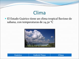 ClimaEl Estado Guárico tiene un clima tropical lluvioso de sabana, con temperaturas de 24,30 °C