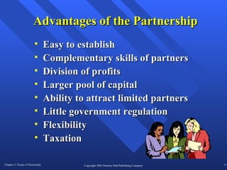 Advantages of the Partnership Easy to establish Complementary skills of partners Division of profits Larger pool of capital Ability to attract limited partners Little government regulation Flexibility Taxation 