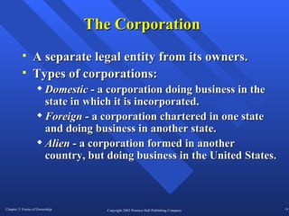 The Corporation A separate legal entity from its owners.  Types of corporations: Domestic  - a corporation doing business in the state in which it is incorporated.  Foreign  - a corporation chartered in one state and doing business in another state. Alien  - a corporation formed in another country, but doing business in the United States.  