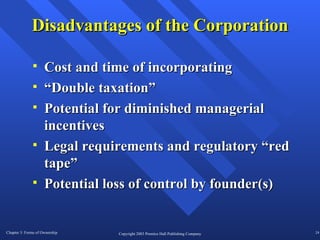 Disadvantages of the Corporation Cost and time of incorporating “Double taxation” Potential for diminished managerial incentives Legal requirements and regulatory “red tape” Potential loss of control by founder(s) 