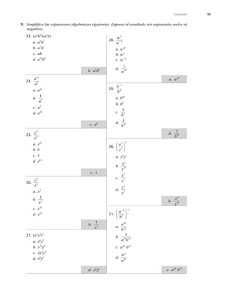 95
Evaluación
V. Simpliﬁca las expresiones algebraicas siguientes. Expresa el resultado sin exponentes nulos ni
negativos.
23. (a4
b2
)(a3
b)
a. a7
b2
b. a7
b3
c. ab
d. a12
b2
24.
a
a
14
9
a. a23
b.
1
5
a
c. a5
d. a25
25.
y
y
8
8
a. y16
b. 0
c. 1
d. y64
26.
x
x
4
6
a. x2
b.
1
2
x
c. x10
d. x24
27. (x4
y3
)2
a. x6
y5
b. x16
y9
c. 2x4
y3
d. x8
y6
28.
w
w
4
6
2
a. w10
b. w2
c. w22
d.
1
10
w
29.
b
b
27
3
a. b10
b. b4
c.
1
4
b
d.
1
10
b
30.
x
y
2
5
2
⎛
⎝
⎜
⎞
⎠
⎟
a. x4
y7
b.
x
y
4
10
c.
x
y
4
7
d.
x
y
4
5
31.
a
b
2 2
5
3
4
⎛
⎝
⎜
⎞
⎠
⎟
a.
a
b
20
12
b.
1
20 12
a b
c. a20
b12
d.
b
a
12
20
b. a7
b3
c. a5
c. 1
b.
1
2
x
d.
1
10
b
b.
x
y
4
10
d. x8
y6
a. w10
c. a20
b12
 