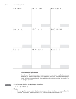 206 Capítulo 7 Factorización
13. x2
2 4x 2 5
14. x2
2 x 2 30
15. x2
1 x 2 42
16. x2
2 x 2 42
17. x2
2 9x 1 14
18. x2
1 11x 1 24
19. x2
2 7x 2 18
20. x2
2 10x 1 24
21. x2
2 x 2 56
Factorización por agrupamiento
Cuando un polinomio consta de cuatro términos, a veces éstos pueden factorizarse
mediante un arreglo conveniente que consiste en reescribir la expresión algebraica
como dos binomios agrupando adecuadamente los términos, como se muestra en
el ejemplo siguiente.
Factoriza completamente las expresiones siguientes.
a. bx 1 by 1 3x 1 3y
Solución
Observa que los primeros dos términos tienen como factor común el coeﬁciente literal b.
Asimismo, los últimos dos tiene como factor común el coeﬁciente numérico 3.
Ejemplo 7
 