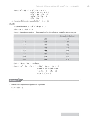 211
Factorización de trinomios cuadrados de la forma ax2
1 bx 1 c, por agrupación
Paso 4. 5a2
2 8a 1 3 5 5a2
2 3a 2 5a 1 3
5 (5a2
2 3a) 1 (25a 1 3)
5 (5a2
2 3a) 2 (5a 2 3)
5 a(5a 2 3) 2 (5a 2 3)
5 (5a 2 3)(a 2 1)
b. Factoriza el trinomio cuadrado 14n2
2 41n 1 15.
Solución
En este trinomio, a 5 14, b 5 241 y c 5 15.
Paso 1. ac 5 14(15) 5 210
Paso 2. Como ac es positivo y b es negativo, los dos números buscados son negativos.
Suma de los factores
210 2210 2211
220 2105 2107
230 2700 2730
250 2420 2470
260 2350 2410
270 2300 2370
210 2210 2310
214 2150 2290
Paso 3. 241n 5 26n 2 35n; luego
Paso 4. 14n2
2 6n 2 35n 1 15 5 (14n2
2 6n) 1 (235n 1 15)
5 (14n2
2 6n) 2 (35n 2 15)
5 2n (7n 2 3) 2 5(7n 2 3)
5 (7n 2 3)(2n 2 5)
I. Factoriza las expresiones algebraicas siguientes.
1. 6x2
2 19x 1 3
Ejercicios 6
 