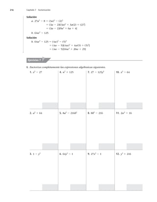 216 Capítulo 7 Factorización
Solución
a. 27a3
2 8 5 (3a)3
2 (2)3
5 (3a 2 2)[(3a)2
1 3a(2) 1 (2)2
]
5 (3a 2 2)[9a2
1 6a 1 4]
b. 64w3
2 125
Solución
b. 64w3
2 125 5 (4w)3
2 (5)3
5 (4w 2 5)[(4w)2
1 4w(5) 1 (5)2
]
5 (4w 2 5)[16w2
1 20w 1 25]
I. Factoriza completamente las expresiones algebraicas siguientes.
Ejercicios 7
1. x3
2 27
2. a3
1 64
3. 1 2 y3
4. n3
1 125
5. 8a3
2 216b3
6. 64y3
2 1
7. 27 2 125y6
8. 8b6
2 216
9. 27x3
2 1
10. x3
2 64
11. 2w3
1 16
12. y3
1 216
 