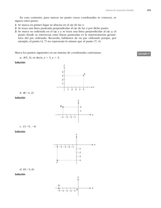 373
Sistema de ecuaciones lineales
En caso contrario, para marcar un punto cuyas coordenadas se conocen, se
siguen estos pasos:
1. Se marca en primer lugar su abscisa en el eje de las x.
2. Se traza una línea punteada perpendicular al eje de las x por dicho punto.
3. Se marca su ordenada en el eje y y se traza una línea perpendicular al eje y; el
punto donde se intersecan estas líneas punteadas es la representación geomé-
trica del par ordenado. Recuerda, hablamos de un par ordenado porque, por
ejemplo, el punto (4, 7) no representa lo mismo que el punto (7, 4).
Marca los puntos siguientes en un sistema de coordenadas cartesianas.
a. A(5, 3), es decir, x 5 5, y 5 3.
Solución
A
x
3
4
2
1
5
1 2 3 4
y
b. B(24, 2)
Solución
2
1
24 23 22 21
x
y
B
c. C(25, 24)
Solución
25 24 23 22 21
24
23
22
21
x
C
y
d. D(25, 0)
Solución
0
25 24 23 22 21
x
y
D
Ejemplo 9
 