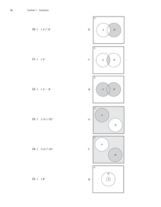 26 Capítulo 1 Conjuntos
30.	 
A ∩ B
31.	 
A9
32.	 
A 2 B
33.	 
	A ∪ B
9
34.	 
	A ∩ B
9
35.	 
B9
b. A B
U
c. A B
U
d. A B
U
e.
A
B
U
f.
A
B
U
g.
B
A
U
 